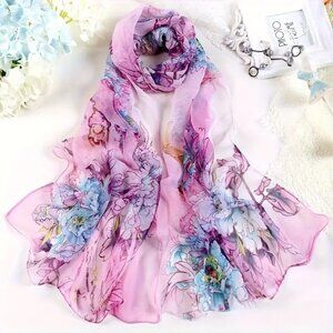 Elegant Vintage Style Pink Peony Floral Print Scarf NEW